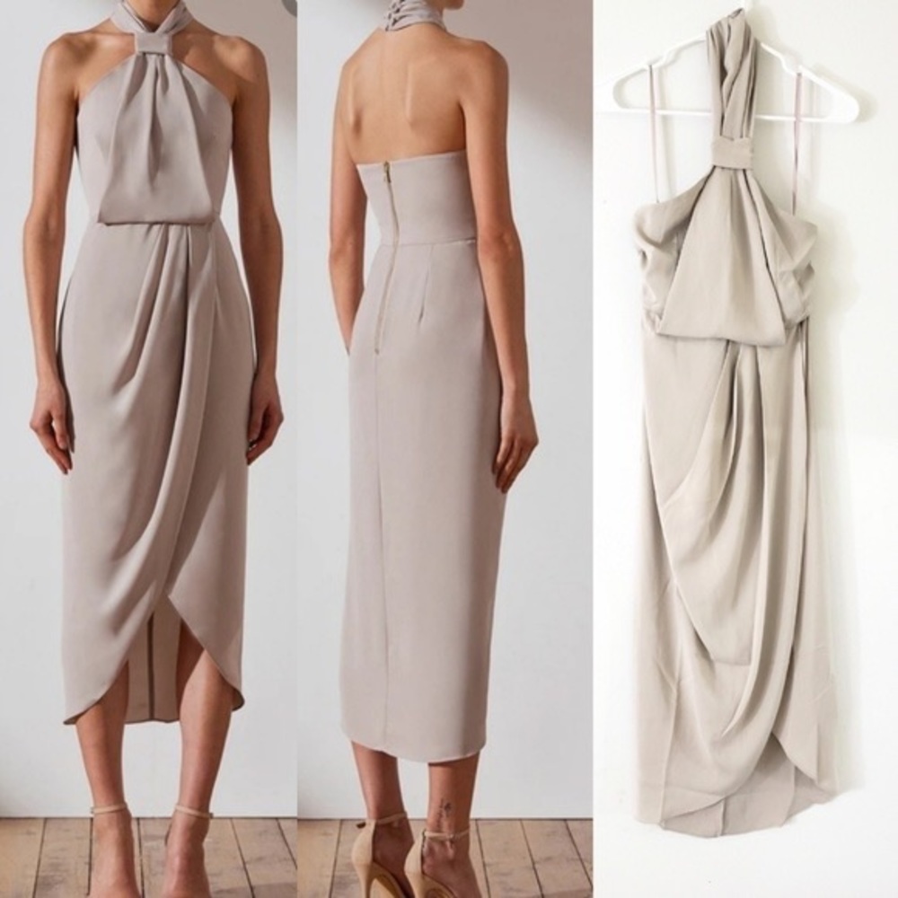 Shona Joy draped knot Halter dress 4 oyster
